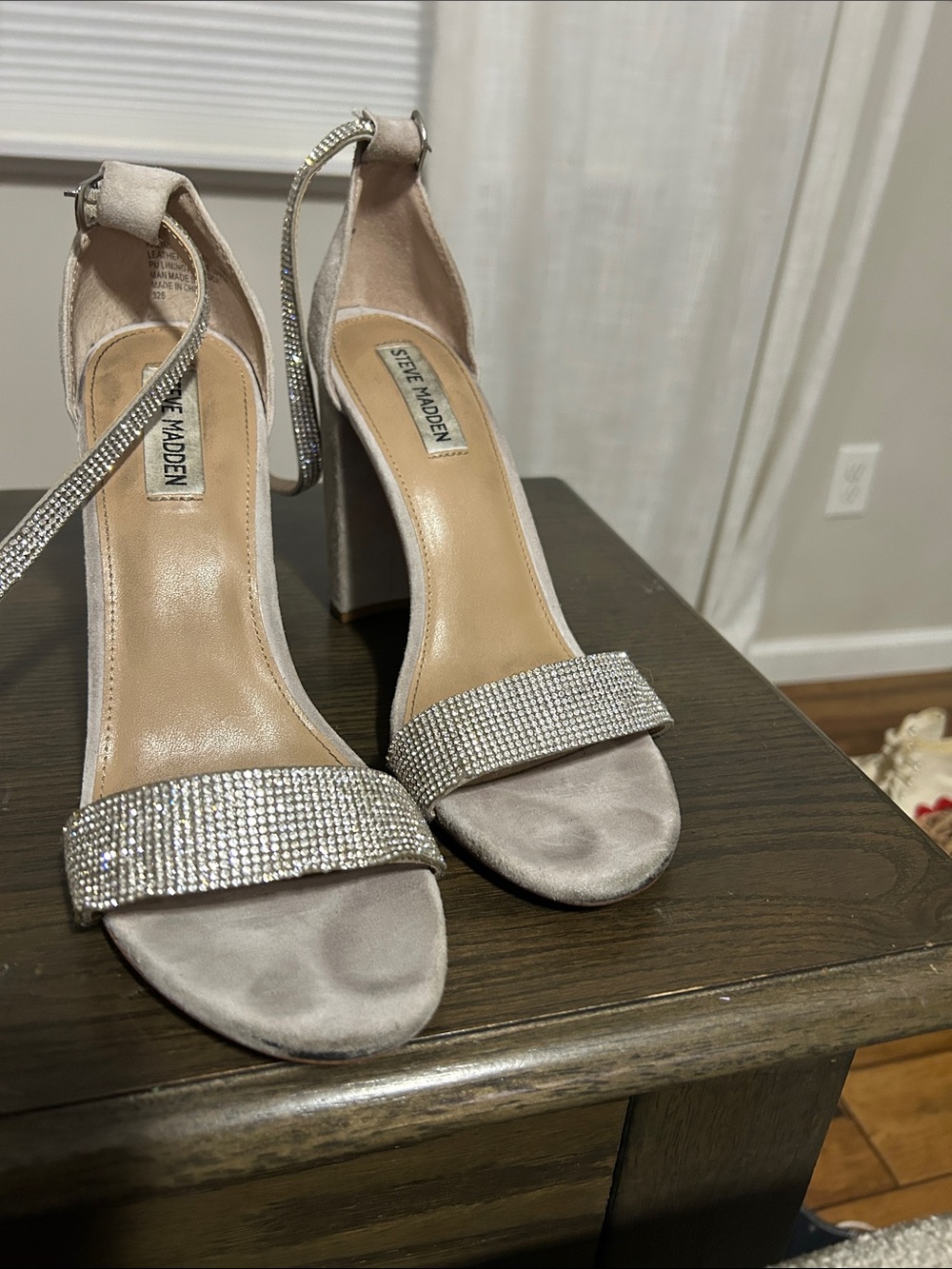 Steve Madden Silver Rhinestone Satin Block-Heel Sandals